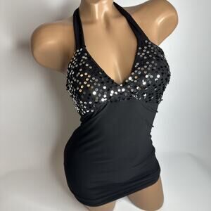 Seductions Black Sequin Halter Top S Y2K McBling Glam Clubwear Party Whimsigoth